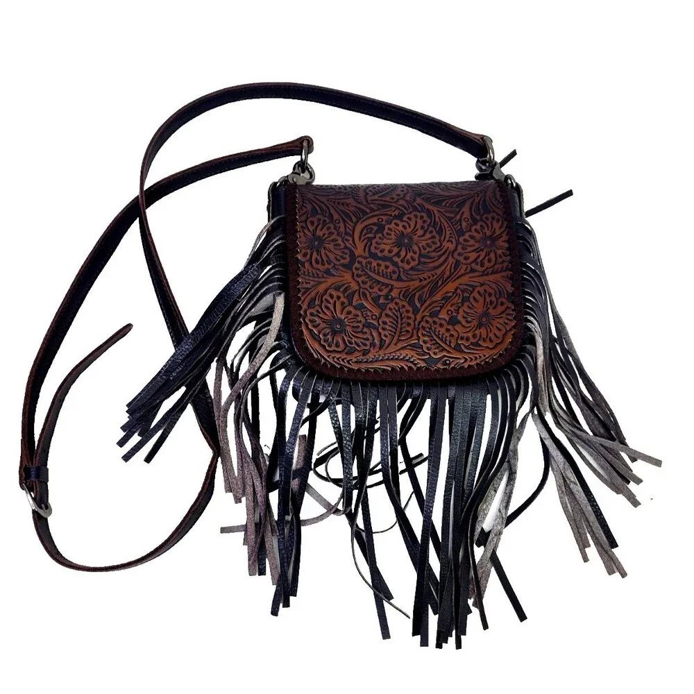 Mountain West Tooled Leather Crossbody Purse, Small, Fringed Dark Brown Handbag